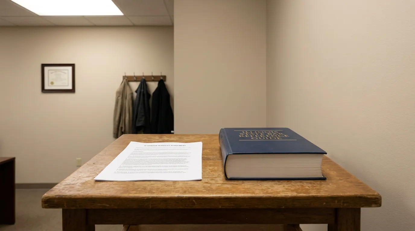 Illinois AI Vendor Agreement and State Bar Reference Guide Illinois State Bar Reference Guide and legal document on wooden law office desk
