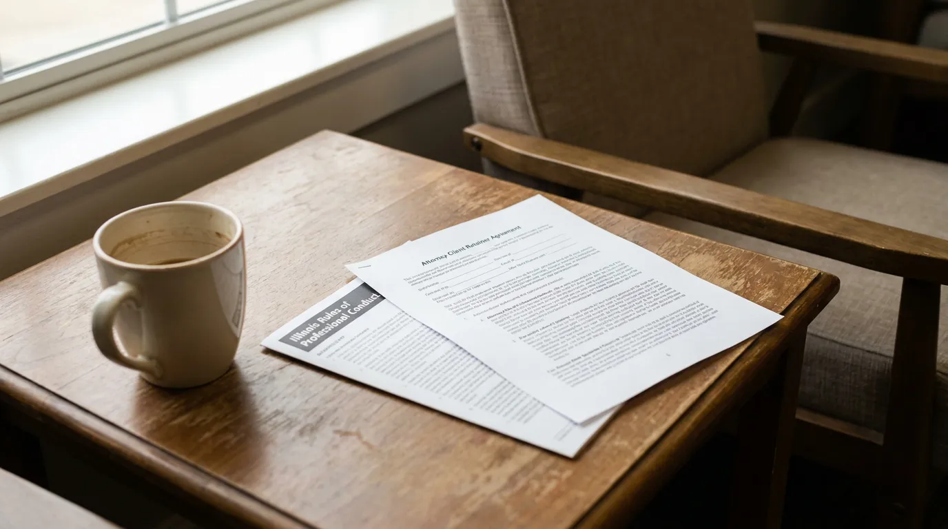 Illinois Attorney Client Retainer Agreement Legal Malpractice Documents Attorney Client Retainer Agreement and Illinois Rules of Professional Conduct on wooden table