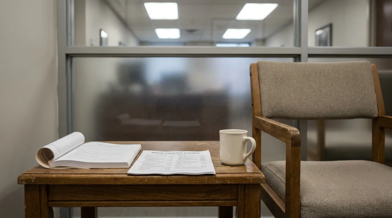 Illinois Court Fee Schedule document and open book on law office waiting room table