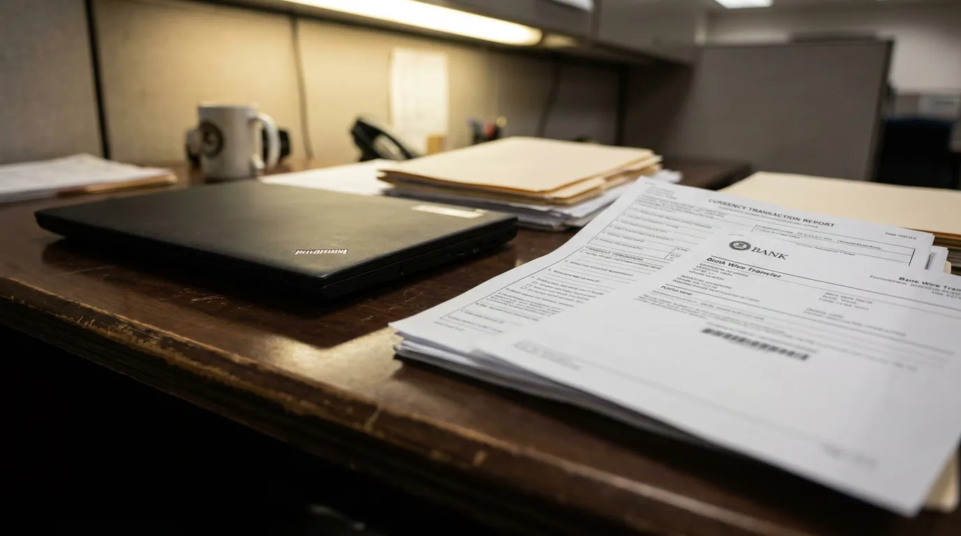 Currency Transaction Report Federal Money Laundering Investigation Currency Transaction Report and Bank Wire Transfer documents on office desk with laptop