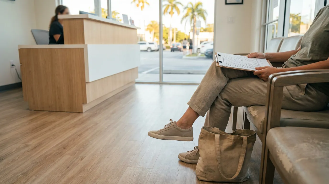 person seated in waiting room holding clipboard with intake form on lap