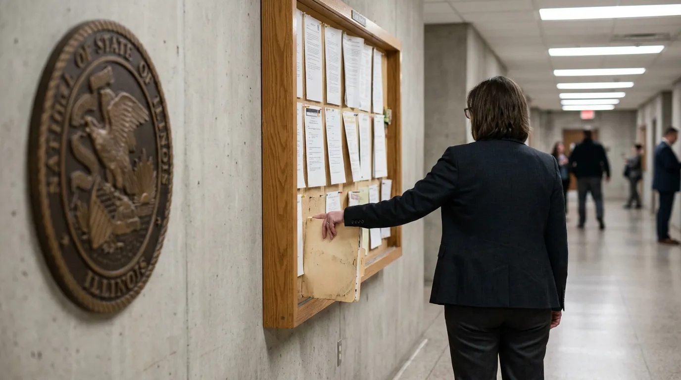 Illinois Attorney Reviewing Weapons Charges Court Documents attorney pointing at court notice board beside Illinois state seal in courthouse hallway