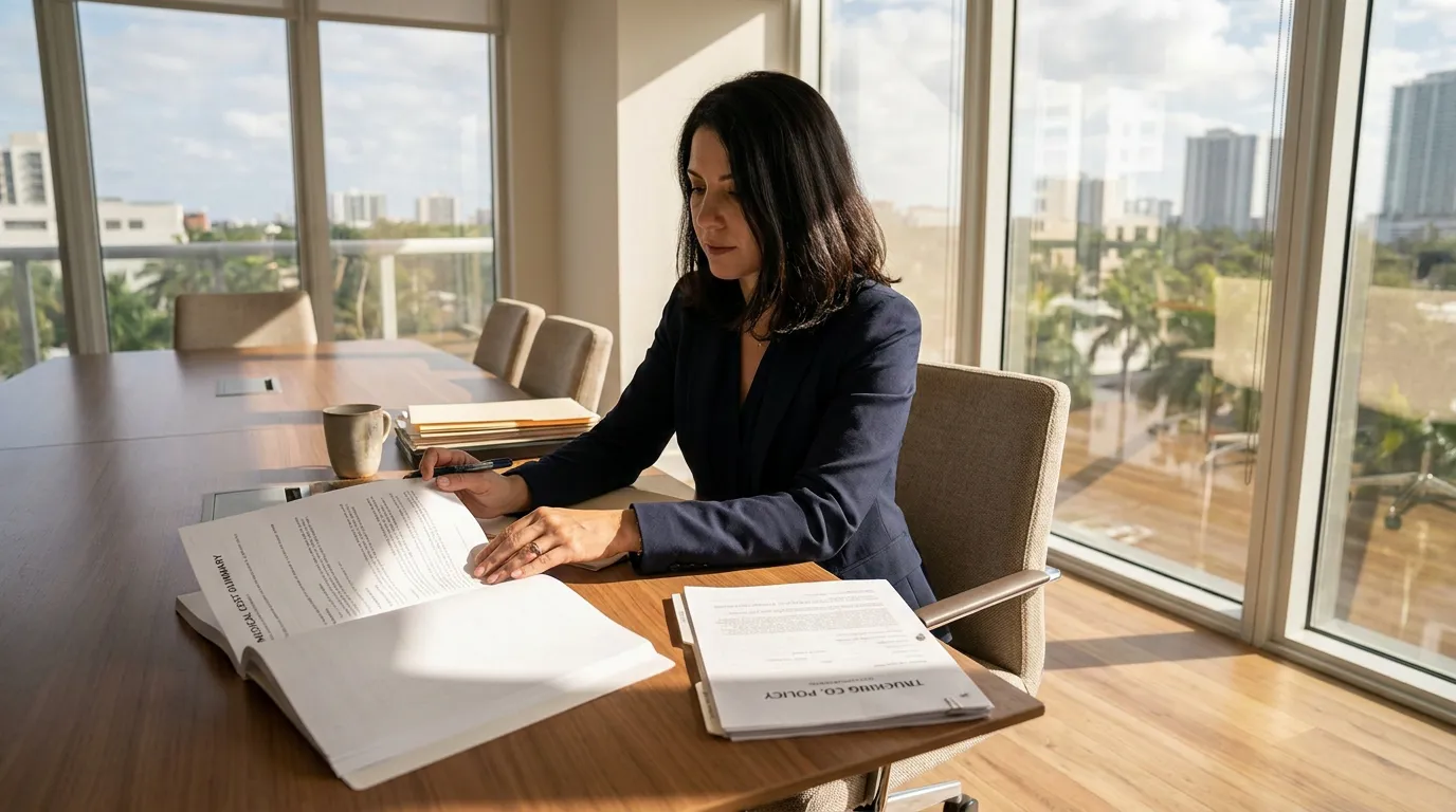 Miami Truck Accident Lawyer Reviewing Semi-Truck Settlement Documents attorney reviewing Trucking Co. Policy documents at conference room table