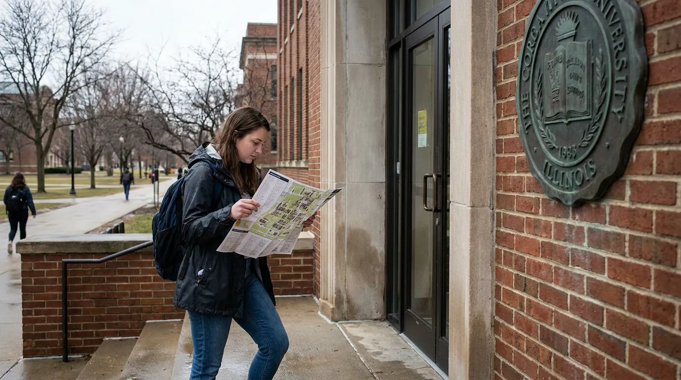 Illinois College Student Outside University Building Title IX student reading campus map outside University of Illinois brick building with seal