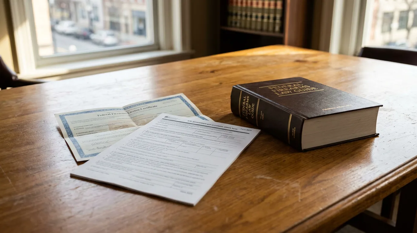 Federal Firearms Law Guide and Gun Possession Documents Federal Firearms Law Guide book beside firearms license certificate and government form on wooden desk