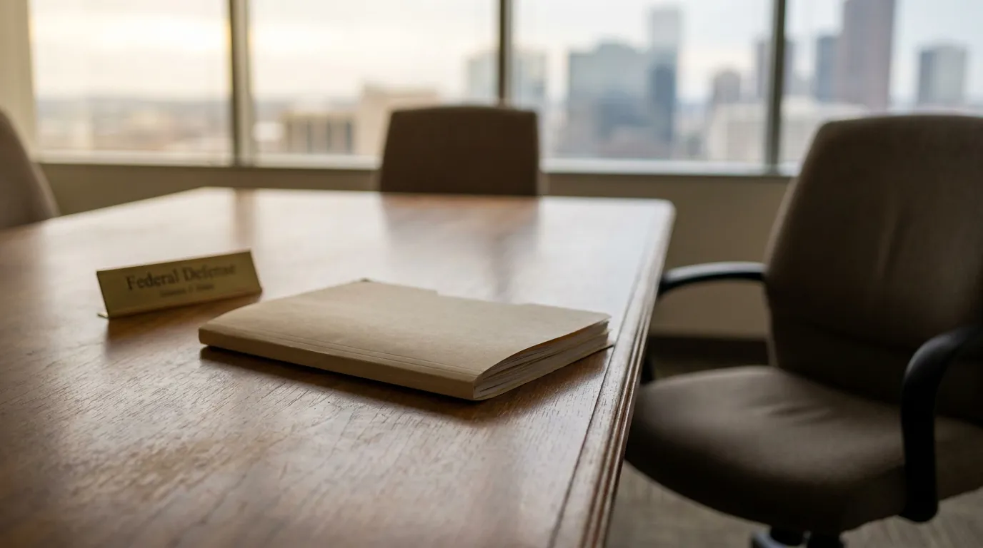 Federal Defense Attorney Office Mortgage Fraud Case United States Federal Defense nameplate and legal documents on conference room table with city skyline