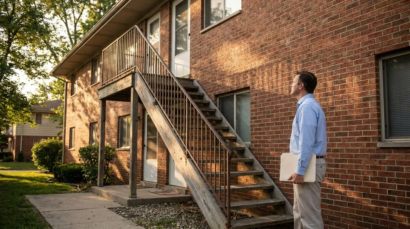 Illinois Tenant Facing Back Rent Bankruptcy Discharge man holding clipboard inspecting exterior staircase of brick apartment building