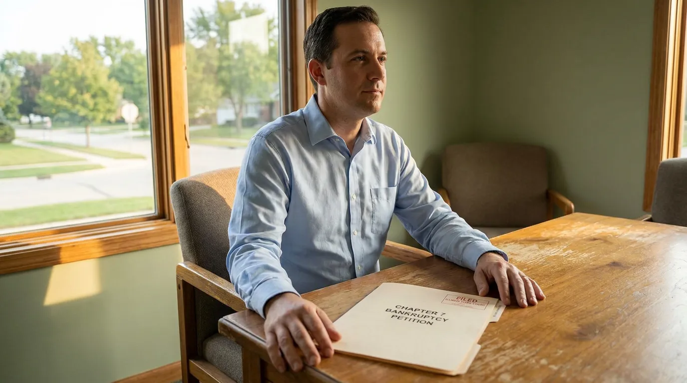 Illinois Man Filing Chapter 7 Bankruptcy Petition to Stop Wage Garnishment man seated at wooden table with filed Chapter 7 Bankruptcy Petition document