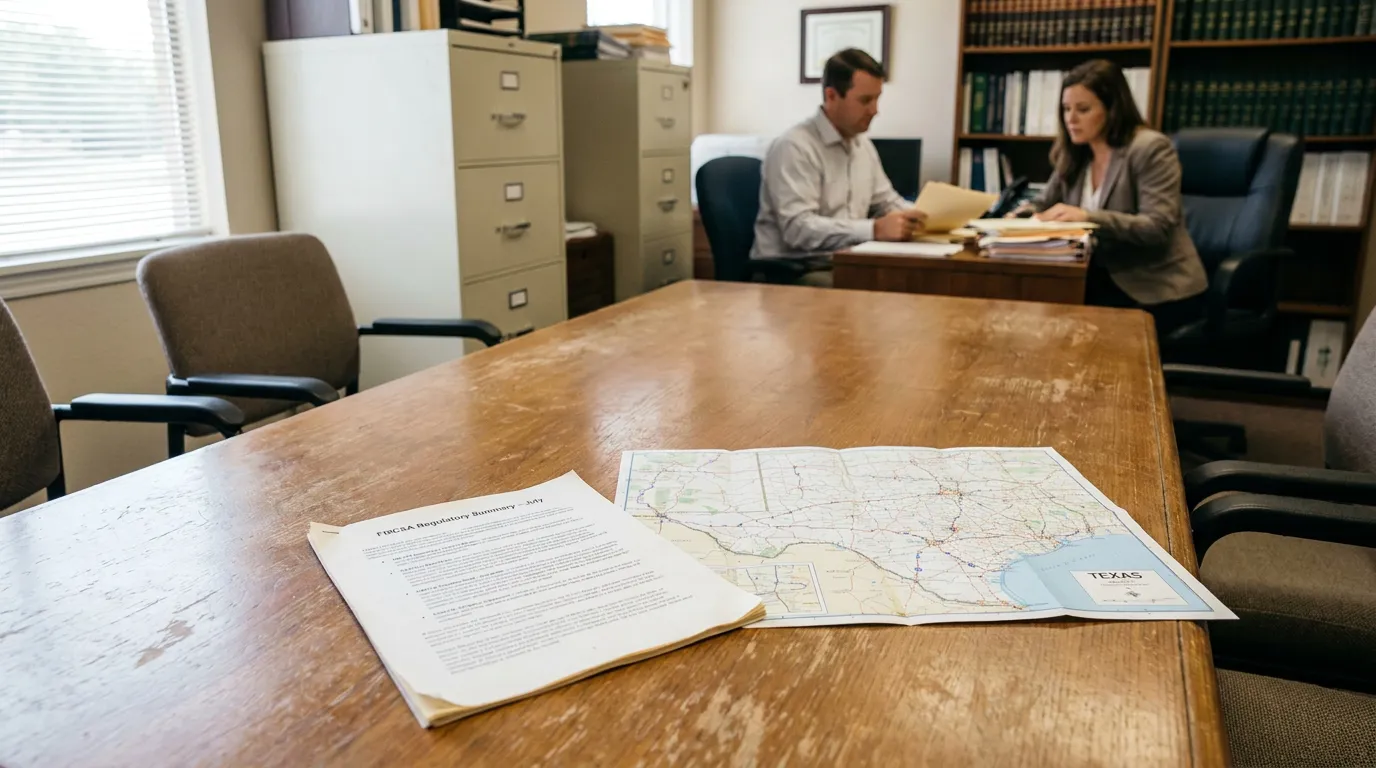 San Antonio Truck Accident Attorneys Reviewing FMCSA ELD Rule FIRCSA regulatory summary document and Texas map on law office conference table