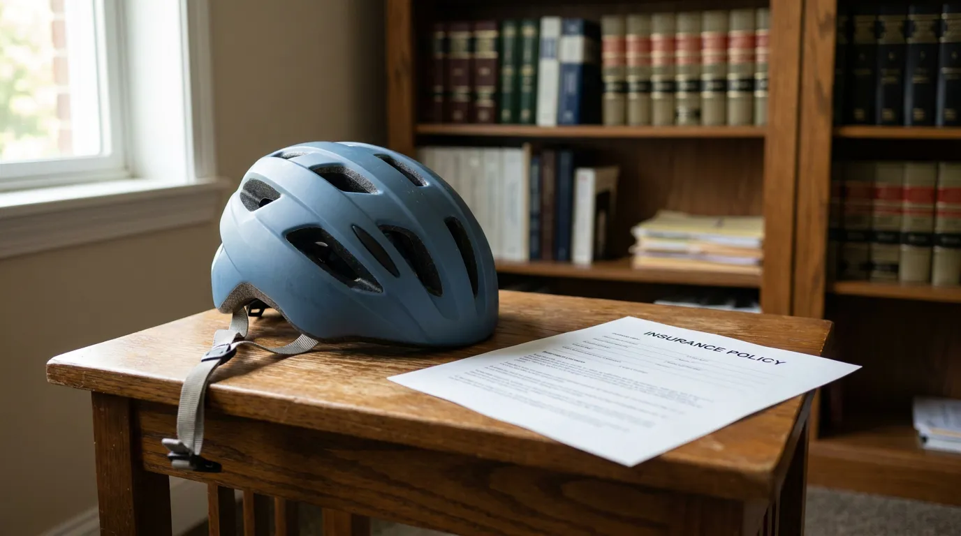 Centennial Cyclist UM UIM Insurance Policy Legal Consultation bicycle helmet and insurance policy document on wooden desk near law bookshelf