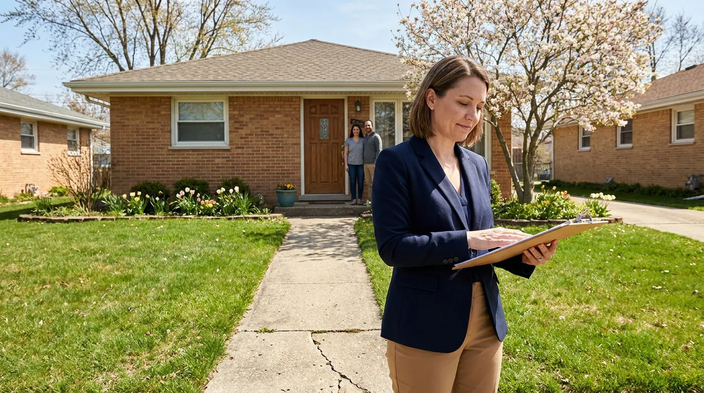 professional woman reviewing clipboard outside brick residential home with couple at door
