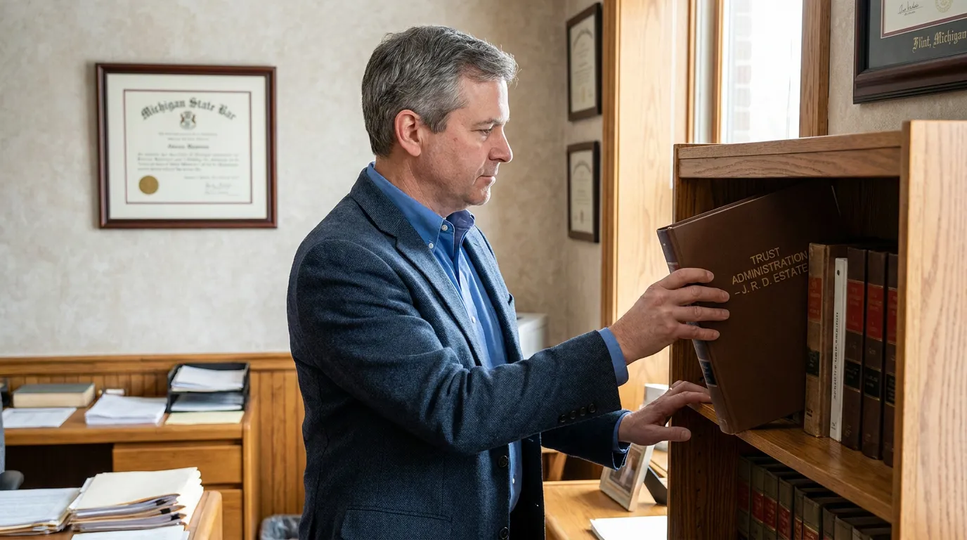 Flint Michigan Estate Planning Attorney Reviewing Living Trust Documents attorney retrieving Trust Administration J.R.D. Estates binder from office bookshelf