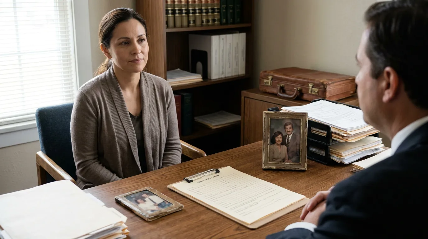 Common-Law Spouse Meeting San Antonio Wrongful Death Attorney woman meeting with attorney across desk with legal documents and framed photos