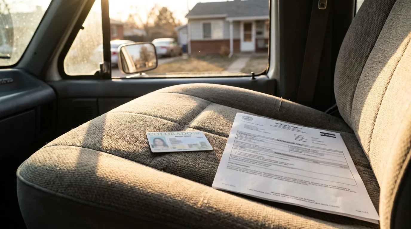 Colorado Driver License and Auto Insurance Claim Form Centennial Colorado driver's license and auto insurance document resting on vehicle seat
