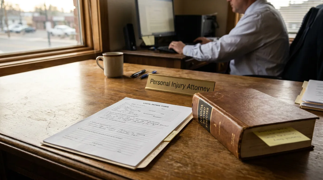 Henderson Personal Injury Attorney Desk With Nevada Statutes Personal Injury Attorney desk nameplate beside legal intake form and Nevada Revised Statutes book