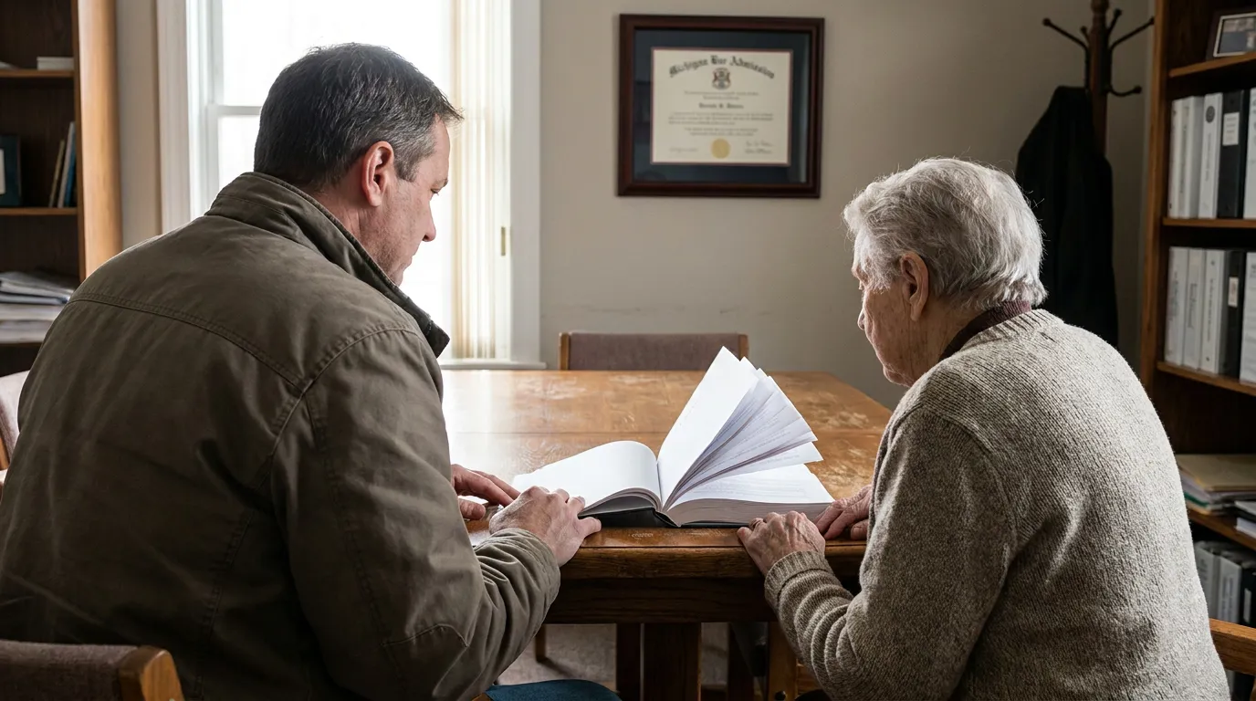 Flint Michigan Attorney Reviewing Trust Documents With Elderly Client two people reviewing open document at desk beneath framed Michigan Bar Admission certificate