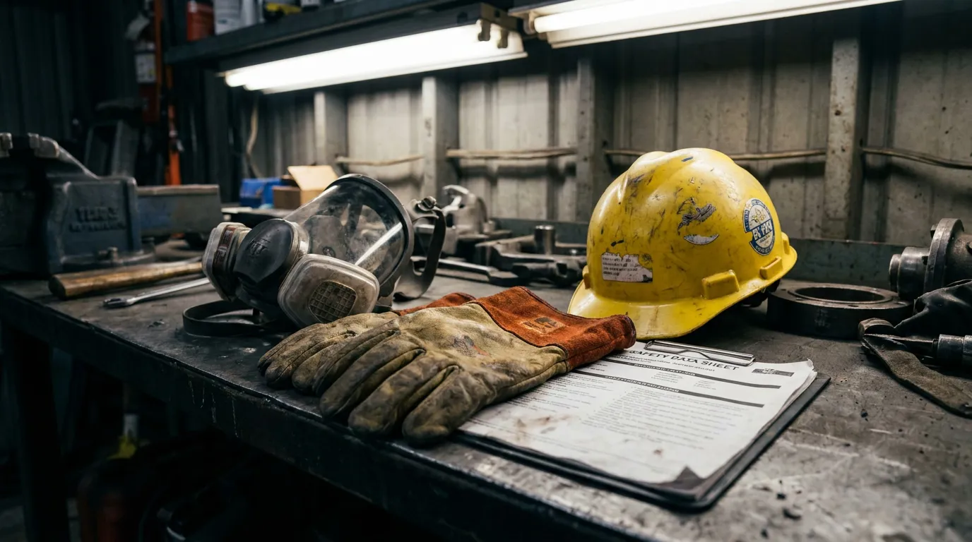 San Antonio Refinery Worker Safety Gear and Hazard Data Sheet hard hat, respirator mask, work gloves, and Safety Data Sheet on industrial workbench