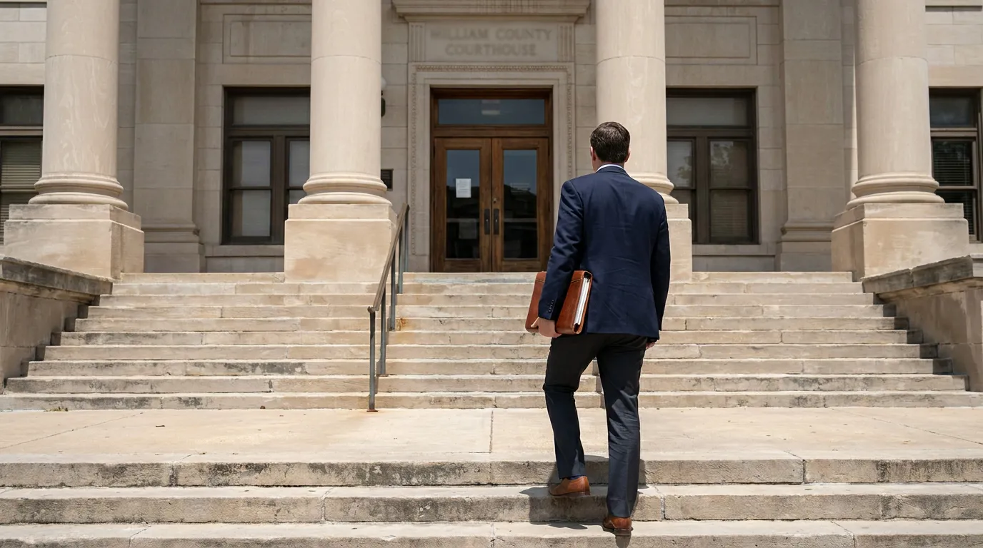San Antonio Wrongful Death Attorney Entering Texas Courthouse suited attorney carrying leather portfolio ascending county courthouse steps