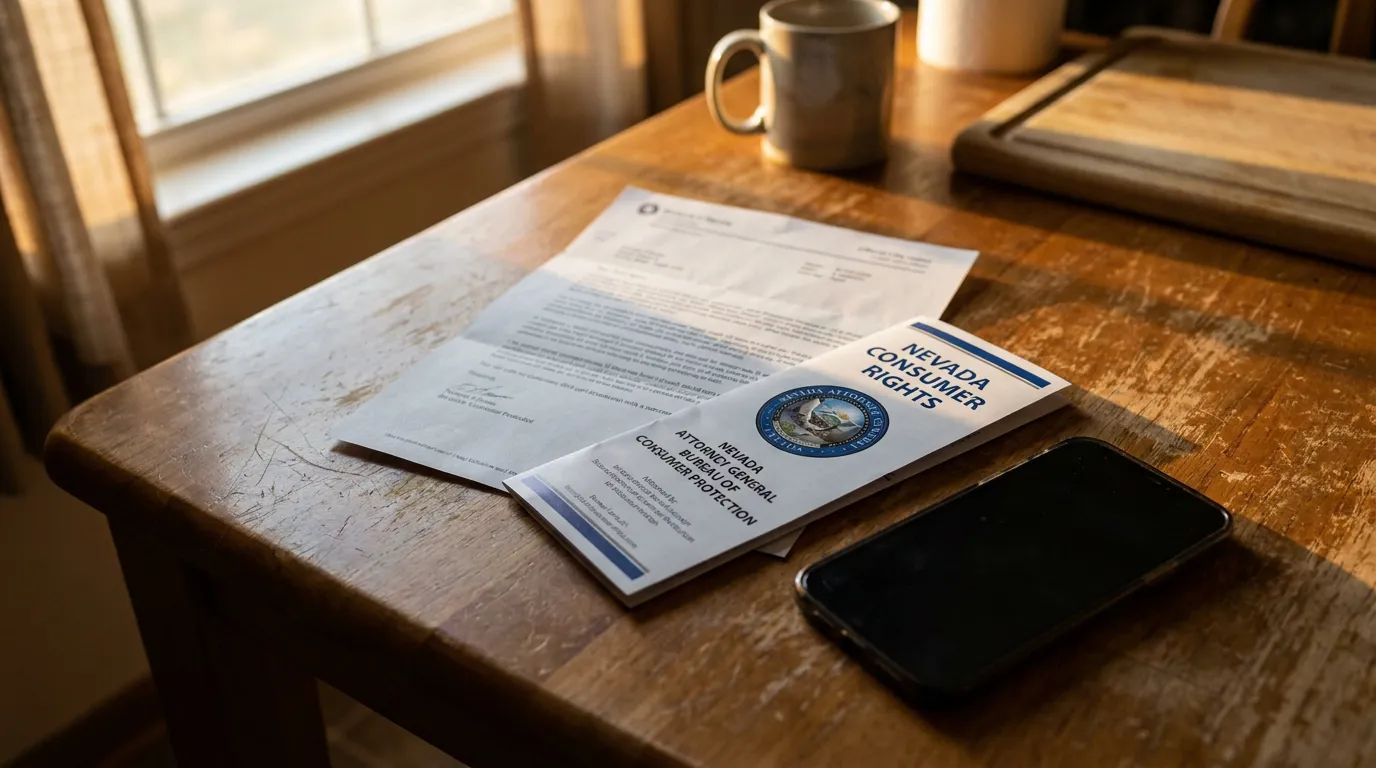 Nevada Consumer Rights Brochure Denied Bank Fraud Claim Las Vegas Nevada Consumer Rights brochure and Attorney General Bureau of Consumer Protection pamphlet on wooden desk