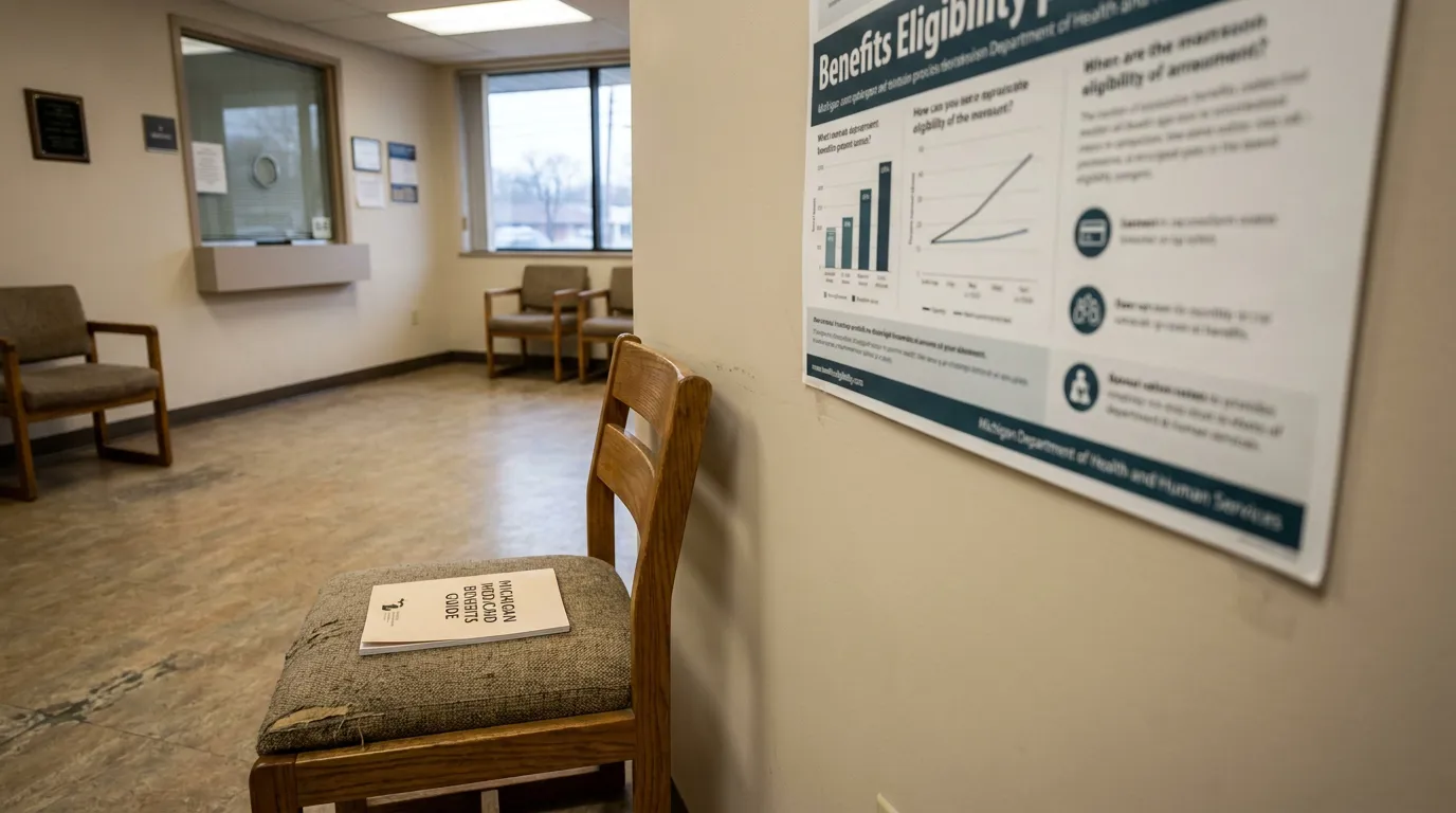 Flint Michigan Medicaid Benefits Eligibility Office Waiting Room Michigan Medicaid Benefits Guide booklet on chair beside Benefits Eligibility poster