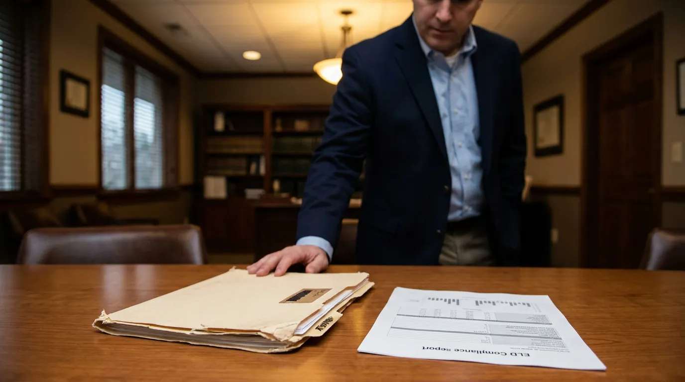 Centennial Truck Accident Attorney Reviewing ELD Compliance Report attorney placing case folder beside ELD compliance report on office desk