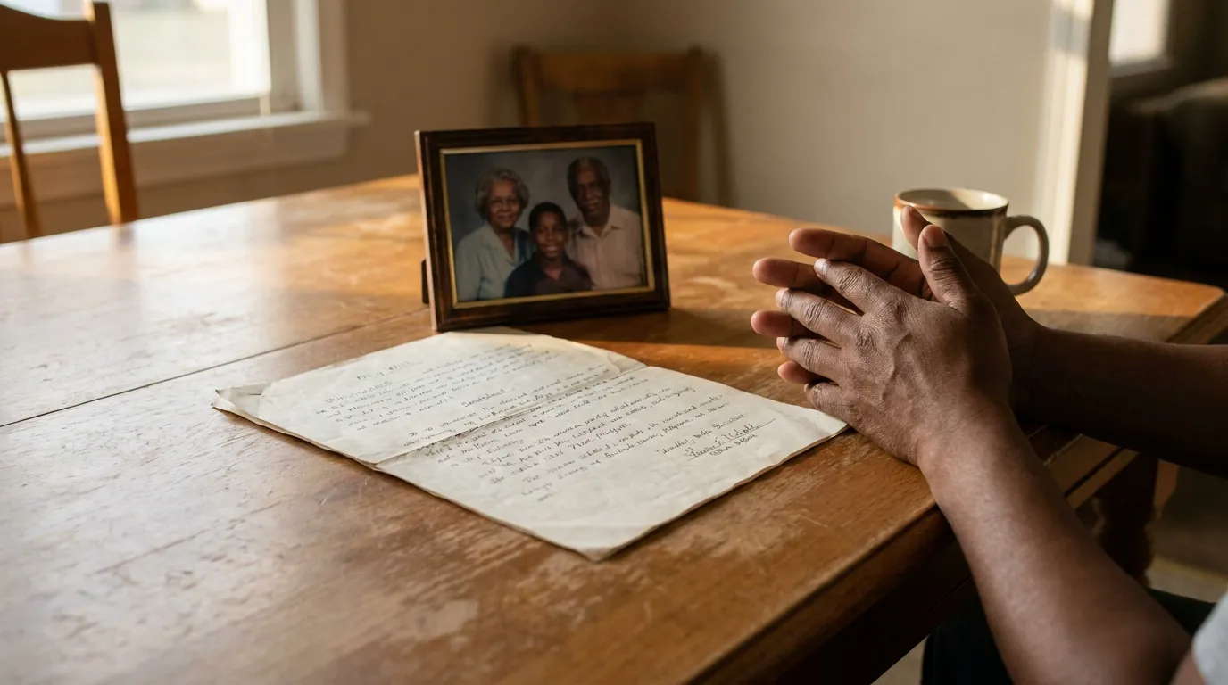 Disinherited Child Reviewing Parent's Will Flint Michigan person with clasped hands beside handwritten document and framed family portrait on table