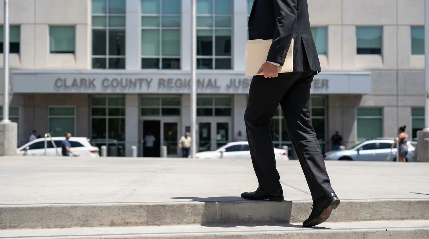 Las Vegas Credit Bureau Lawyer at Clark County Courthouse suited attorney carrying folder ascending steps outside Clark County Regional Justice Center