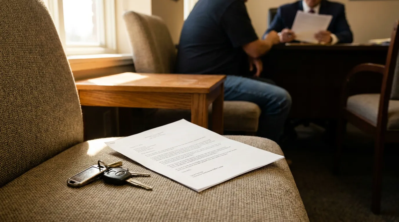 Centennial Car Accident Victim Reviewing Insurance Settlement Offer legal document and car keys on chair during attorney client meeting