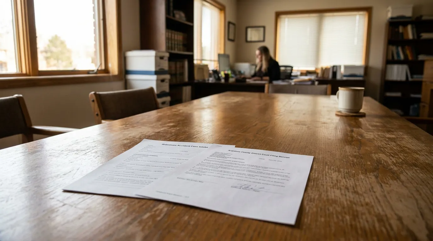 Centennial Uber Accident Lawsuit Filing Arapahoe County Court accident case intake form and court filing receipt on law office desk