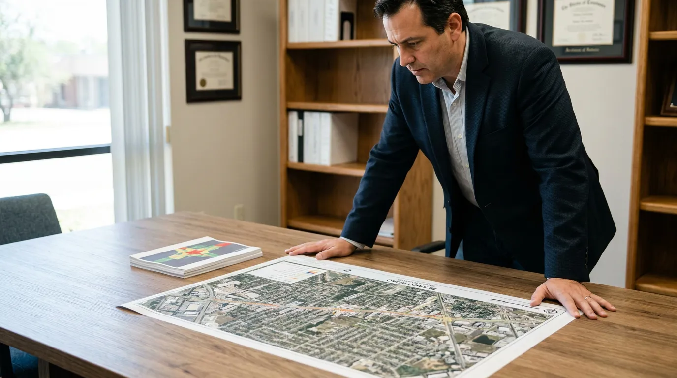San Antonio Attorney Reviewing Blanco Road Crash Map attorney leaning over desk reviewing large aerial map in credentialed office