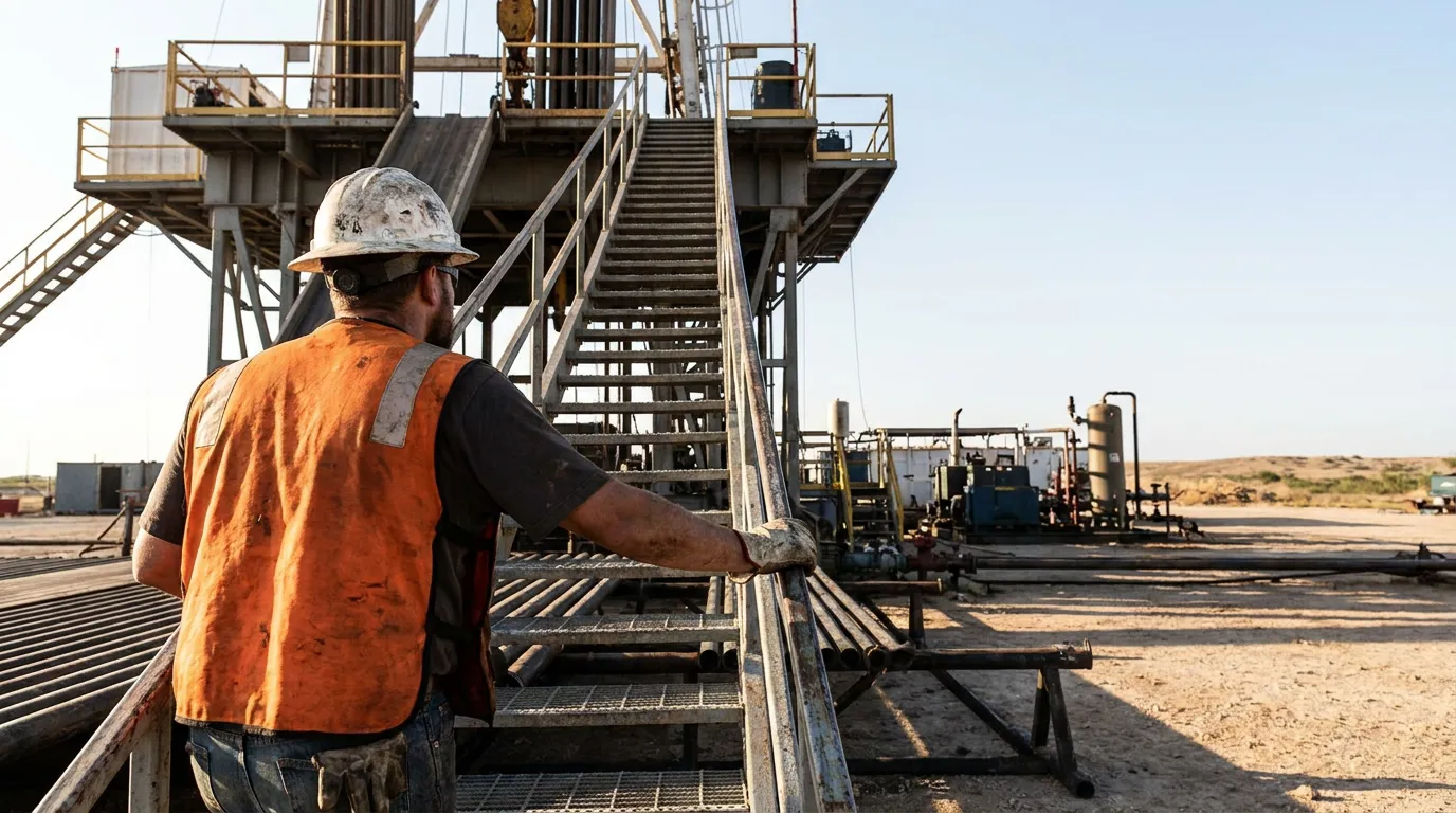 Texas Oilfield Worker at Drilling Rig San Antonio oil field worker in hard hat and safety vest standing at drilling rig staircase
