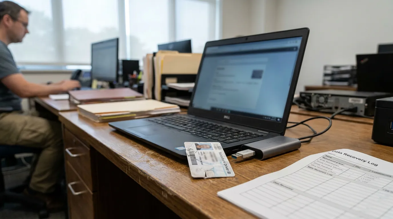 Centennial Uber Crash Digital Evidence Data Recovery Dell laptop with USB drive, ID card, and Data Recovery Log document on office desk
