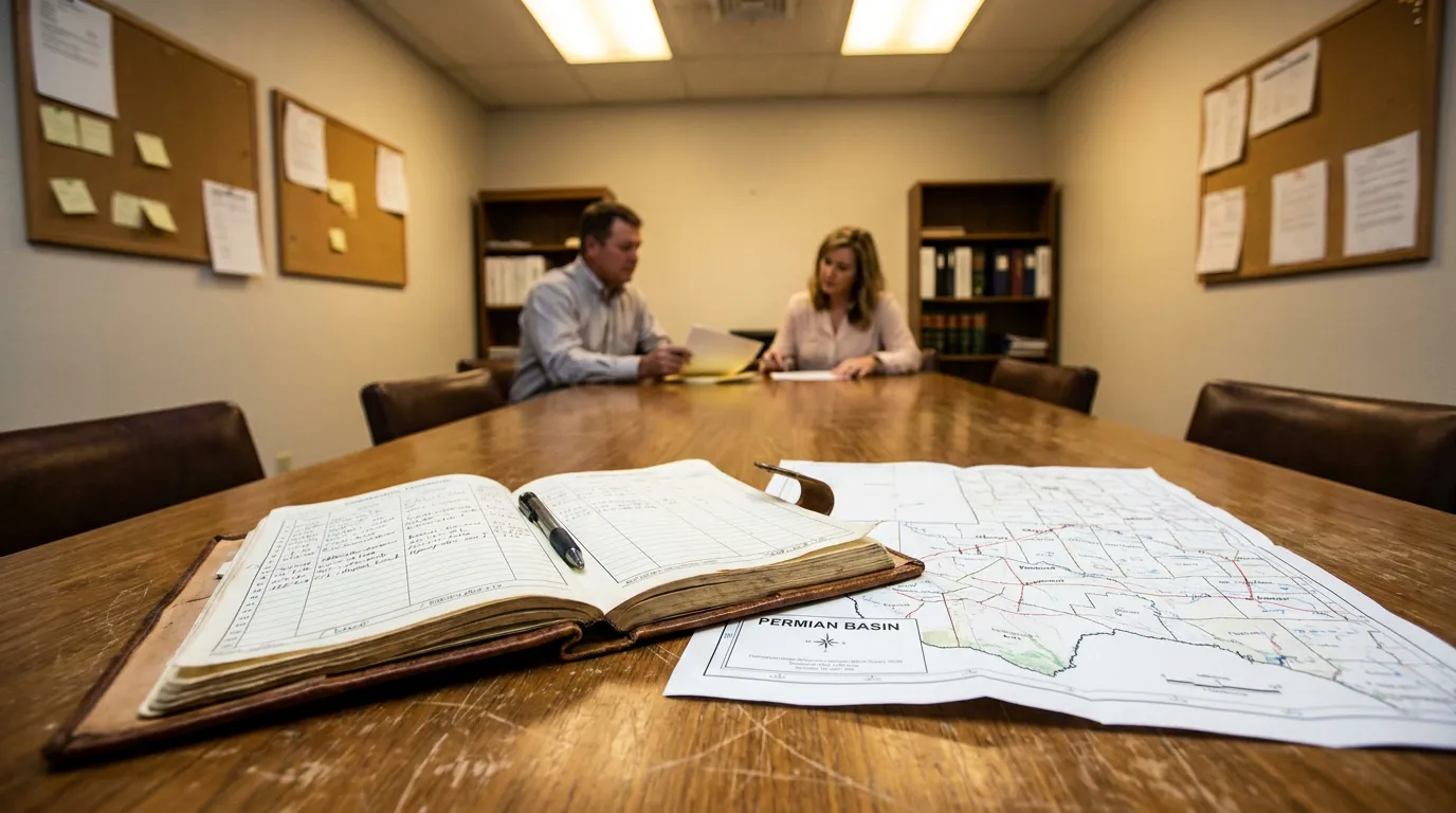 Midland Odessa Truck Accident Lawyers Reviewing Permian Basin Case Evidence open ledger book and Permian Basin map on conference table during legal meeting