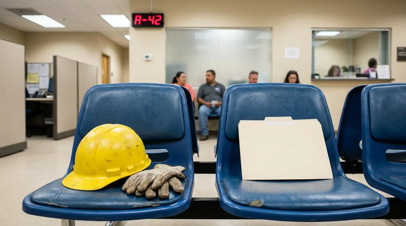Las Vegas Injured Worker Waiting at Workers Comp Office hard hat and work gloves on waiting room chair beside manila folder