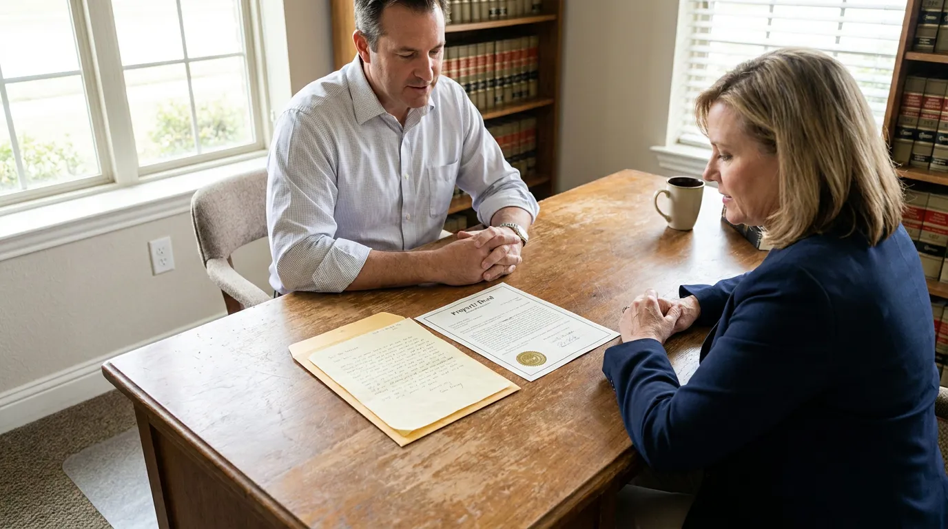 two professionals reviewing property deed with official seal at law office desk
