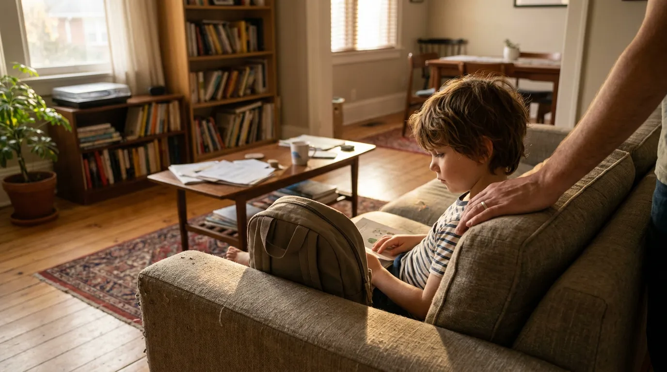 child sitting on sofa reading book with adult hand resting on shoulder