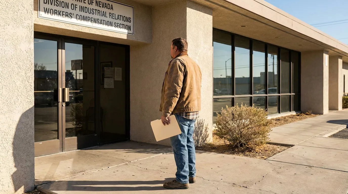 Injured Worker Outside Las Vegas Nevada Workers Compensation Office man holding documents outside Nevada Division of Industrial Relations Workers Compensation Section office