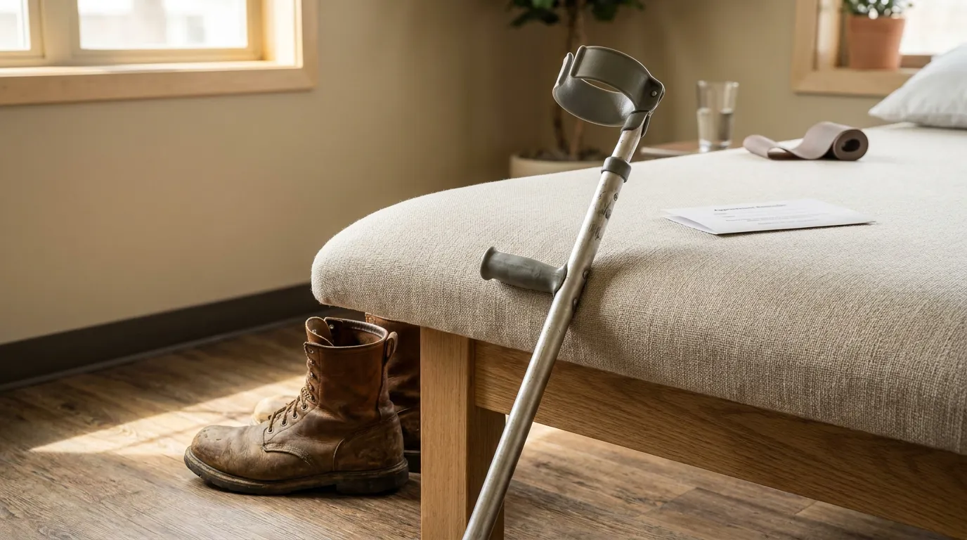 forearm crutch leaning against padded bench beside worn work boot