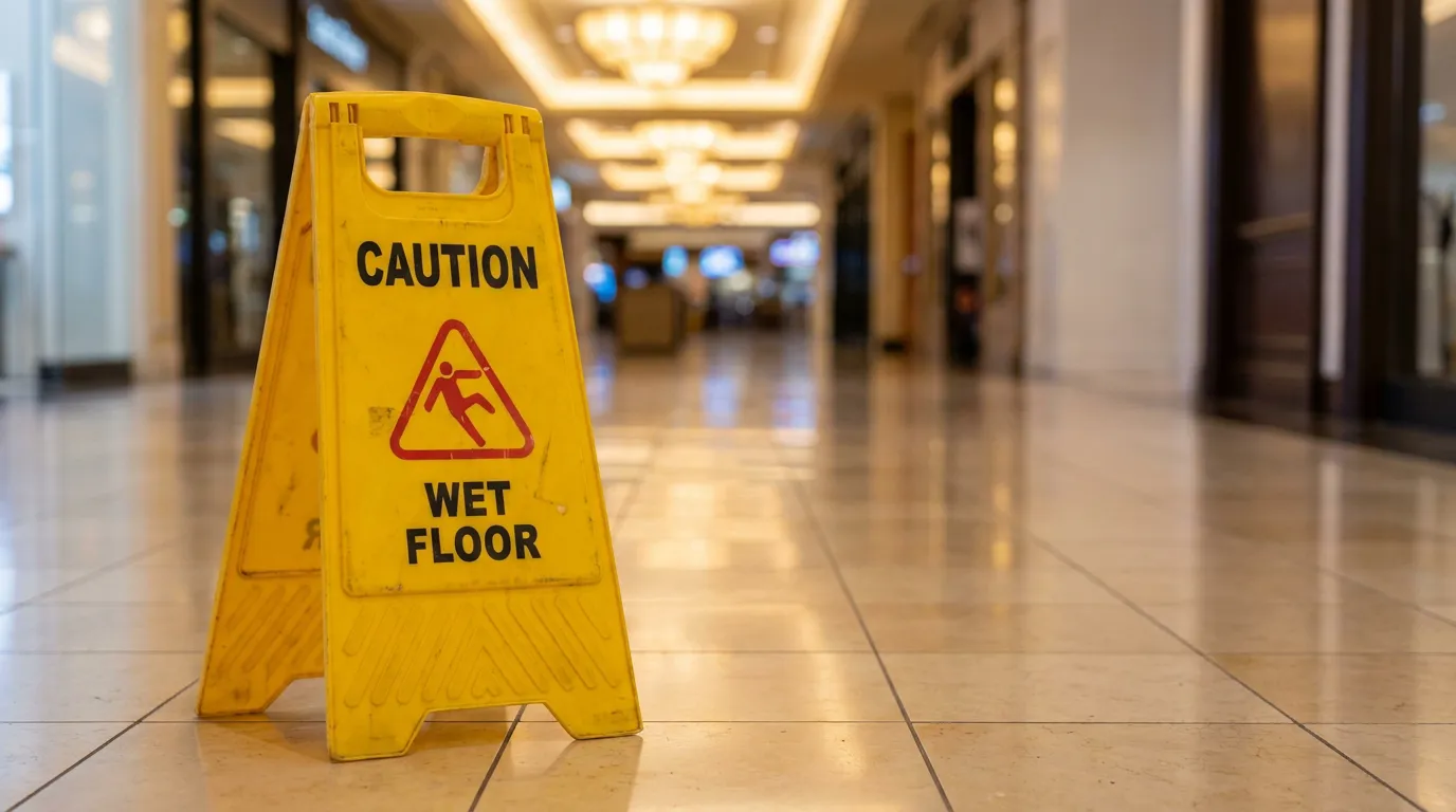 Wet Floor Caution Sign Slip and Fall Injury Las Vegas Caution Wet Floor warning sign on tiled corridor floor in public building