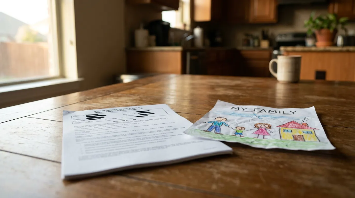 Texas Department of Public Safety criminal notice document beside child's My Family drawing on kitchen table
