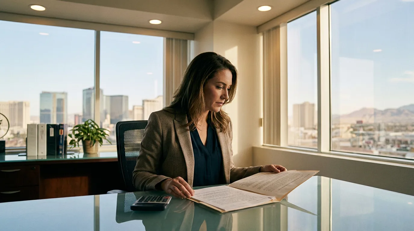 female attorney reviewing open legal folder at glass desk in high-rise office