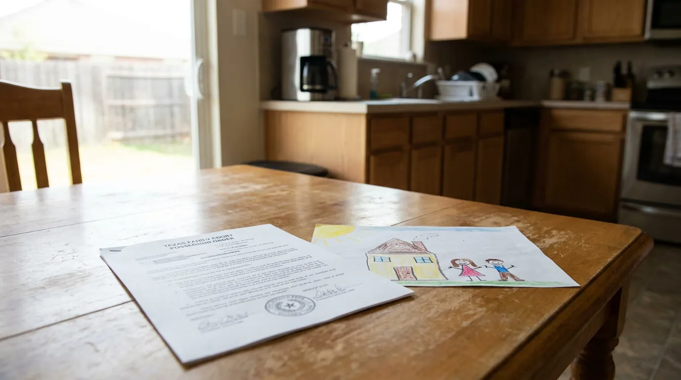 Texas Family Court Possession Order document beside child's family drawing on kitchen table