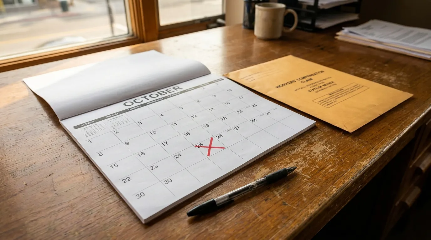 Nevada Workers Comp Claim Deadline Calendar Las Vegas October calendar with marked deadline beside Workers' Compensation Claim envelope on desk