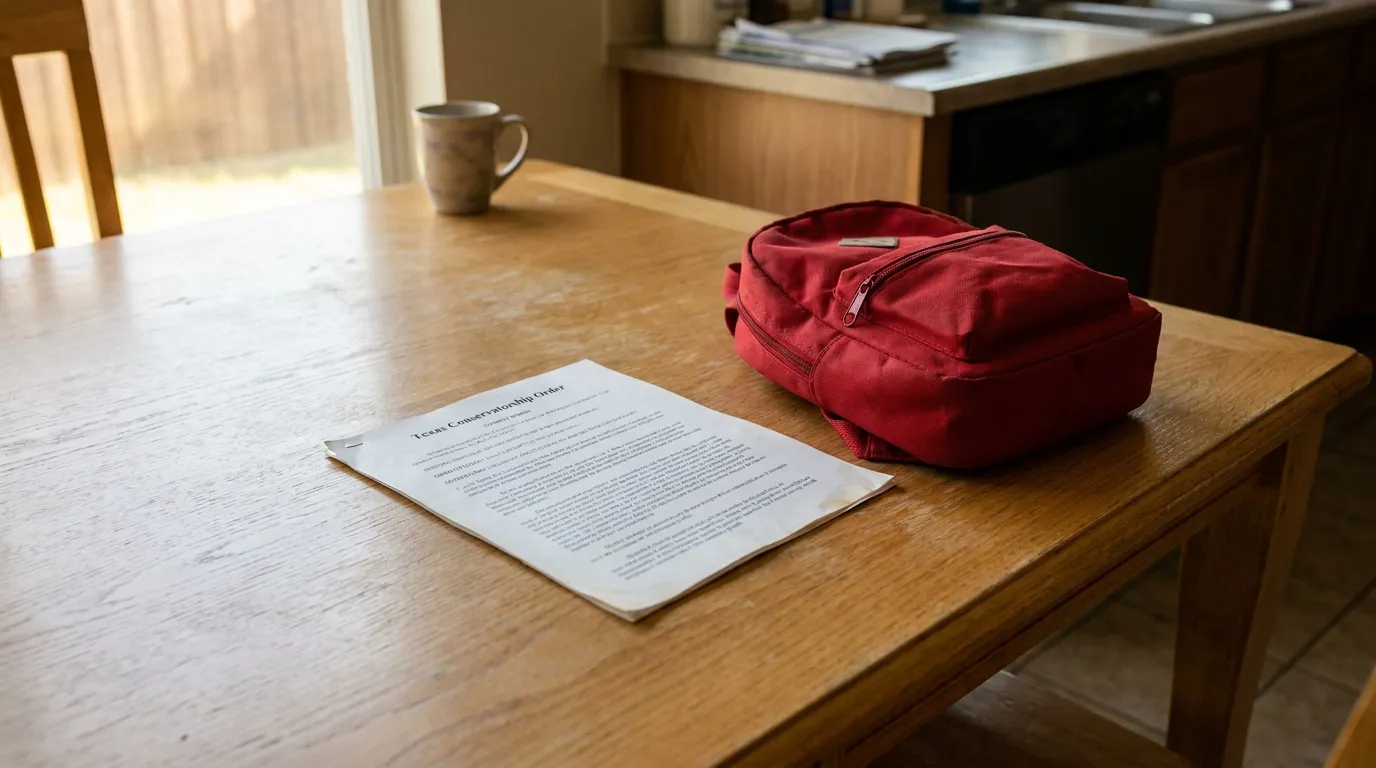 Texas Conservatorship Order document and child's backpack on wooden kitchen table