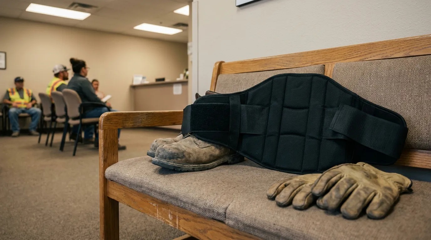 Las Vegas Injured Worker FCE Waiting Room Back Brace worn work boots, back brace, and gloves on waiting room bench with construction workers