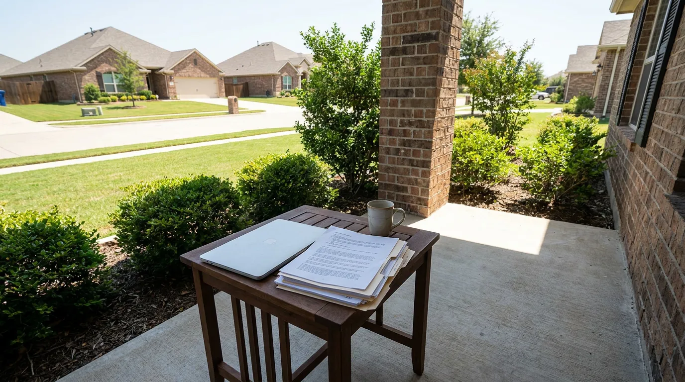 laptop and legal documents on porch table overlooking residential neighborhood