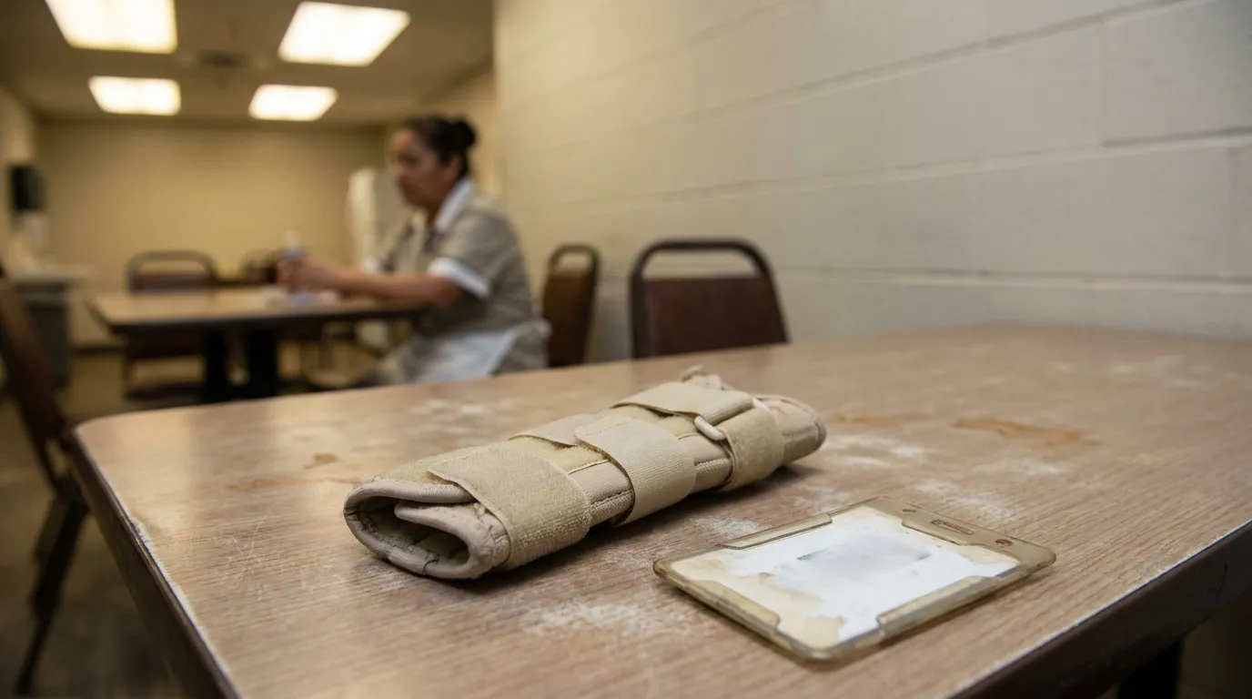wrist brace and ID badge on table with worker seated in background