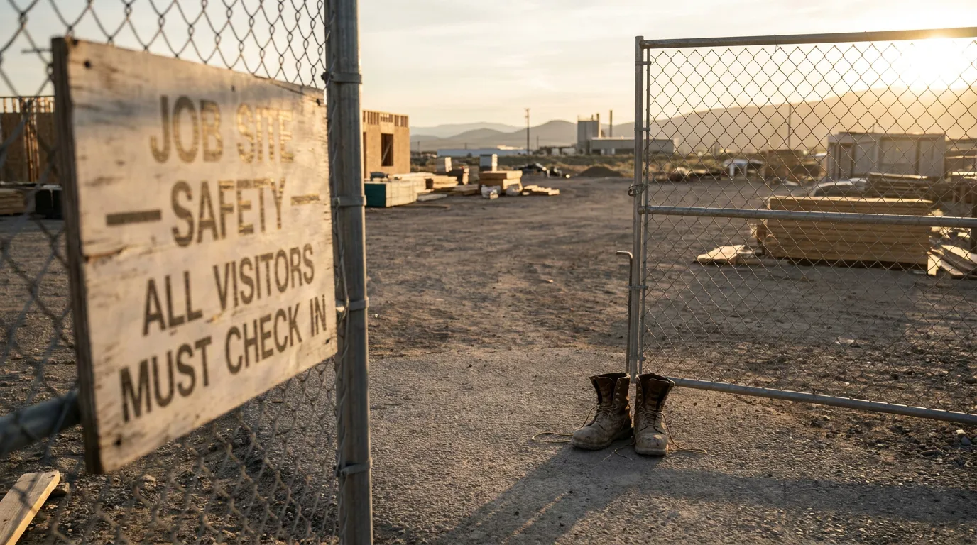 Reno Nevada Fatal Workplace Accident Job Site Safety Job Site Safety All Visitors Must Check In sign at construction site entrance with work boots