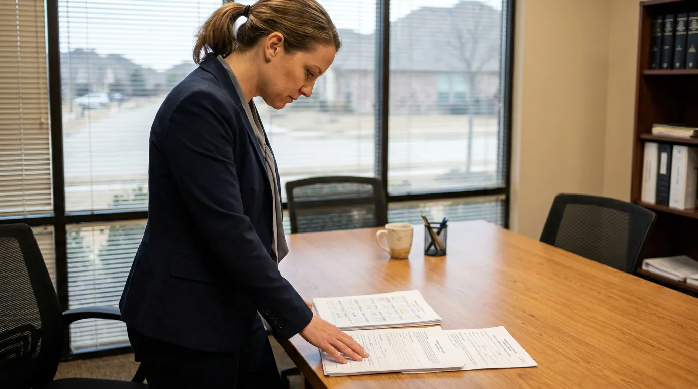 female attorney standing at conference table reviewing legal documents in law office