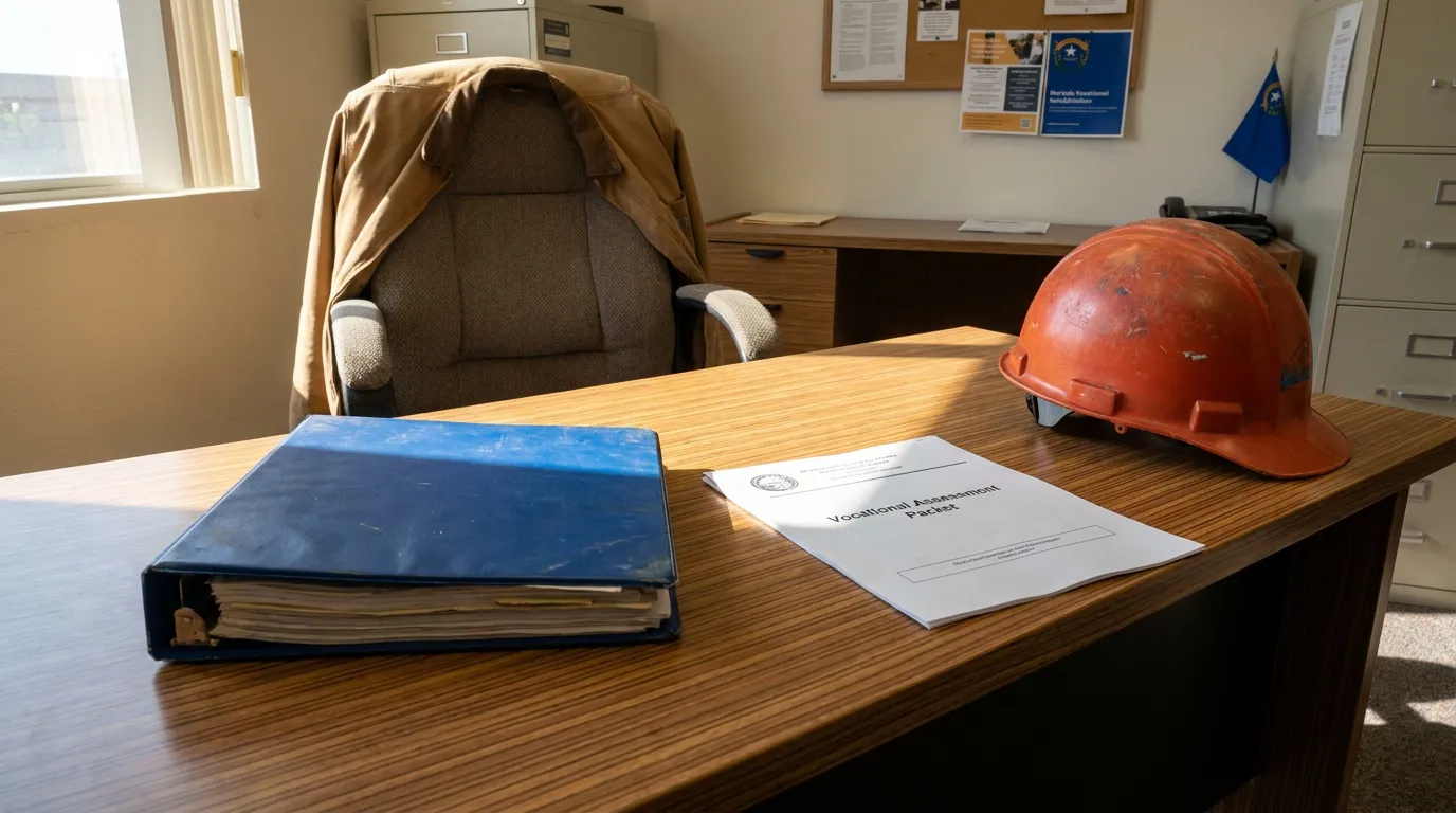 Las Vegas Workers Comp Vocational Assessment Hard Hat Desk Vocational Assessment Packet document, binder, and hard hat on office desk